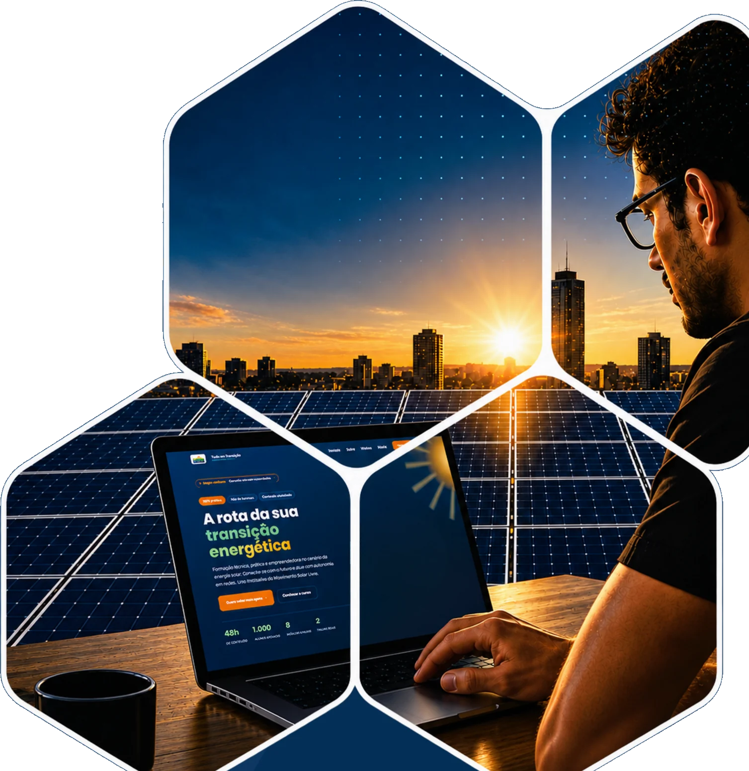 Profissional em telhado com painéis solares ao pôr do sol, trabalhando em um notebook